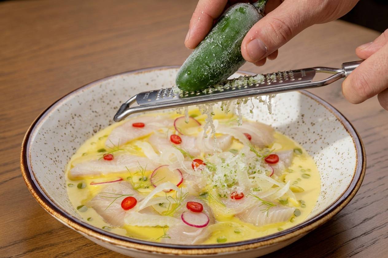 A frozen jalapeño grated on a microplane over a bowl of fish crudo