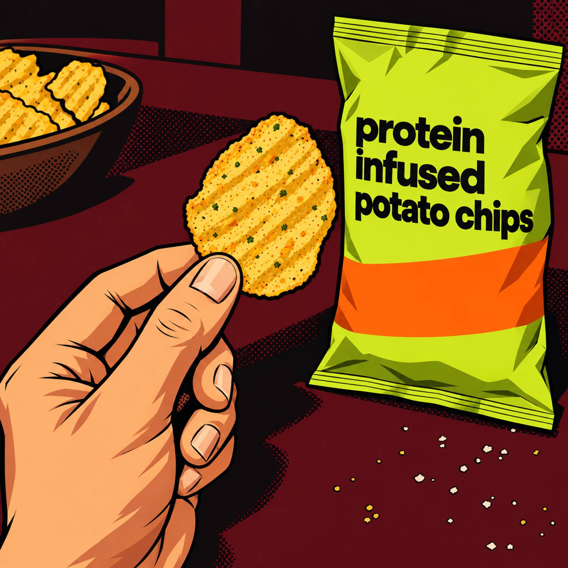 Illustration of a hand holding a ridged potato chip beside a bag of protein infused potato chips