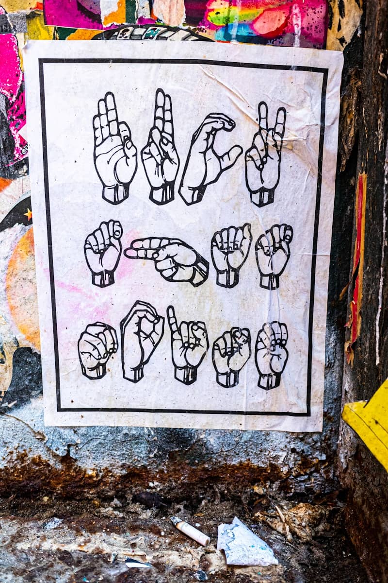 Hands forming american sign language alphabet on poster.