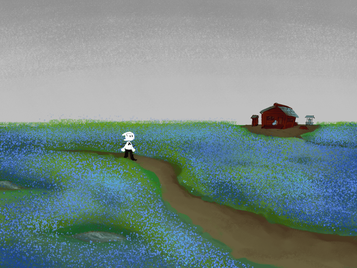 A vibrant blue field with a little guy and a shed.