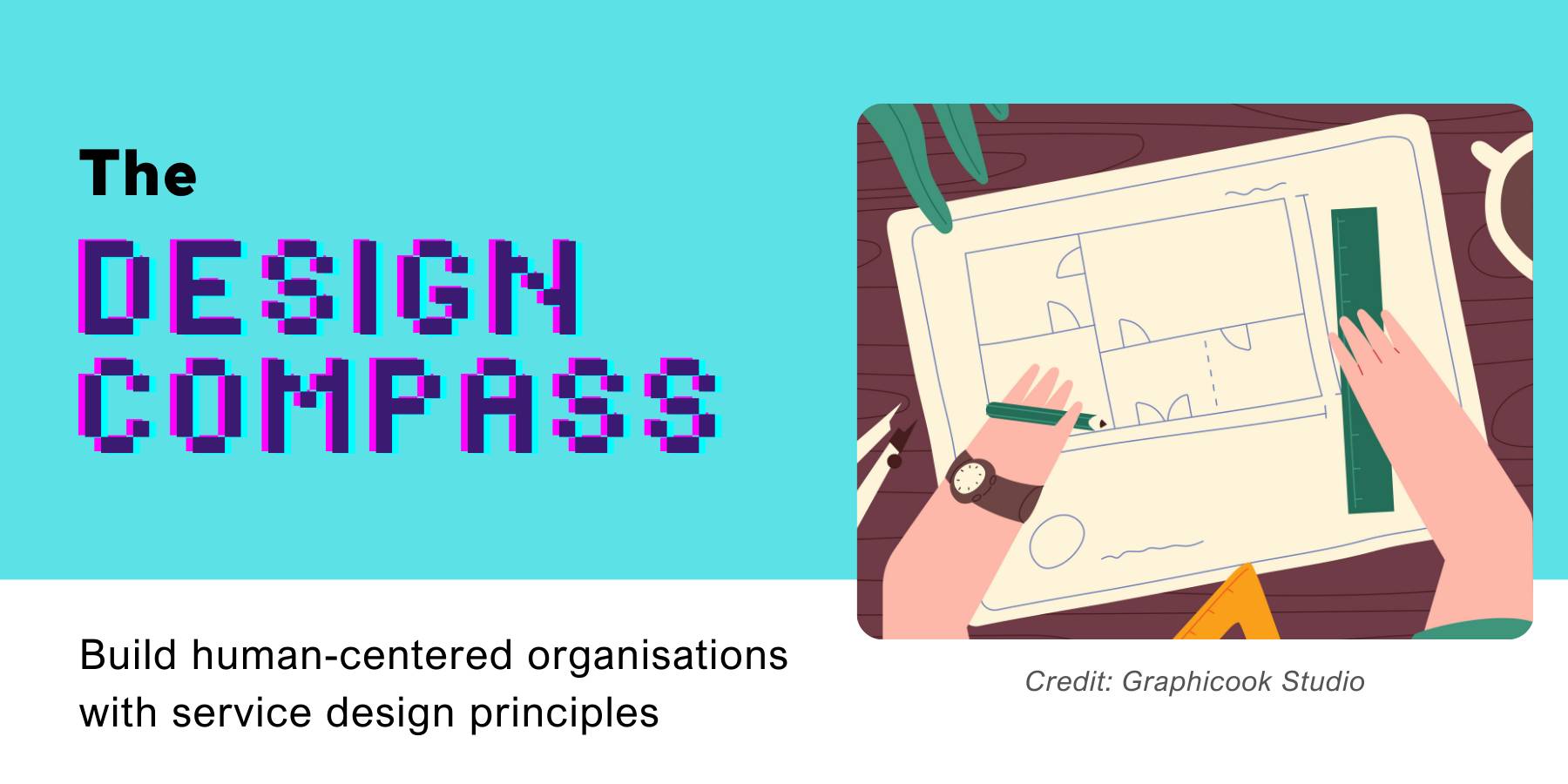 Hero image of design compass. A person drawing on a design canvas, planning.