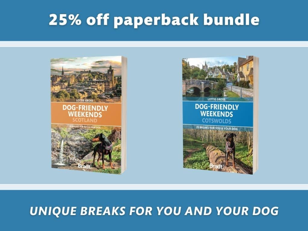 Poster advertising 25% off dog-friendly guidebook bundle 