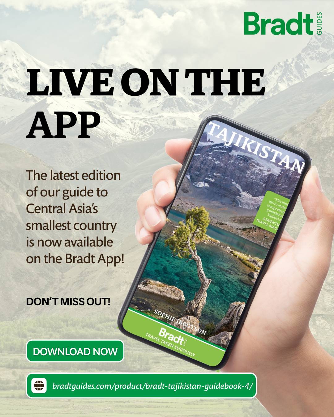 Hand holding a phone with the Bradt Tajikistan guide on it