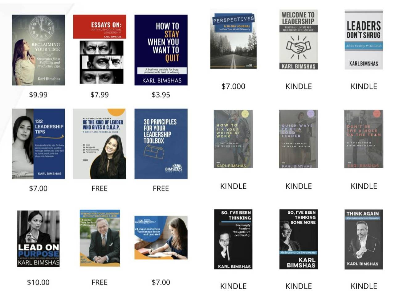 The covers of 18 ebooks available at https://karlbimshas.kit.com/d39d71a8a8