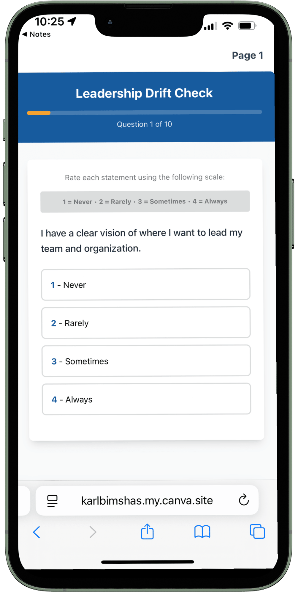 Screen capture of sample Leadership Drift question.