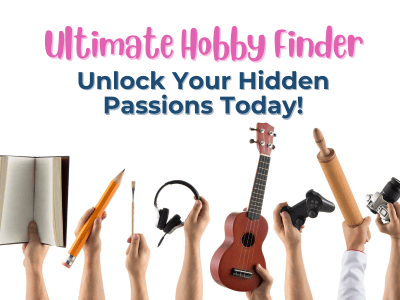 text - ultimate hobby finder: unlock your hidden passions today. image - hands holding up different hobby items (book, violin, game controller, etc)