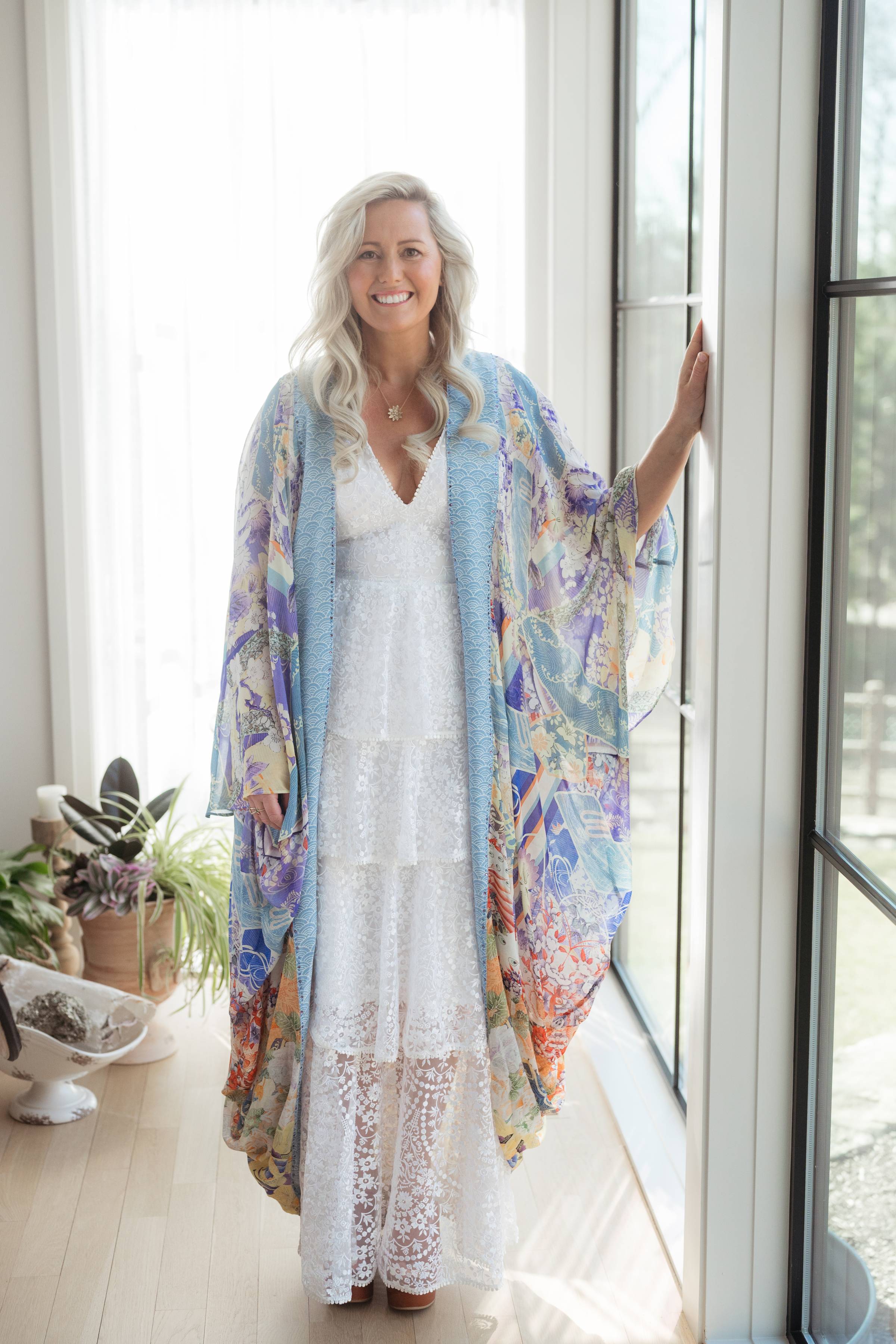 katie in goddess robe and white dress