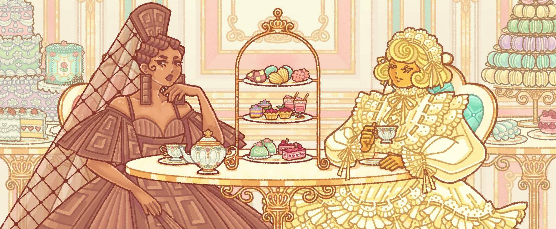 Two ladies having a tea party in a room with white and pastel interior design and gold filigree. The woman on the left has a chocolate brown pleated dress, and the woman on the right has a cream-colored frilly dress.