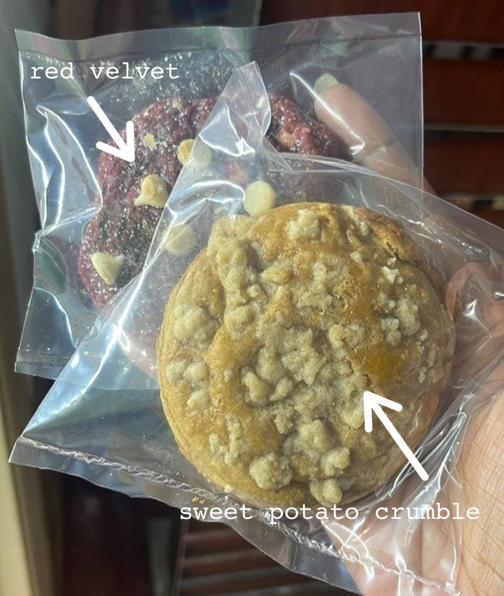 Red velvet and sweet potato crumble cookies