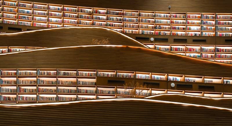 Modern library with curved shelves filled with books