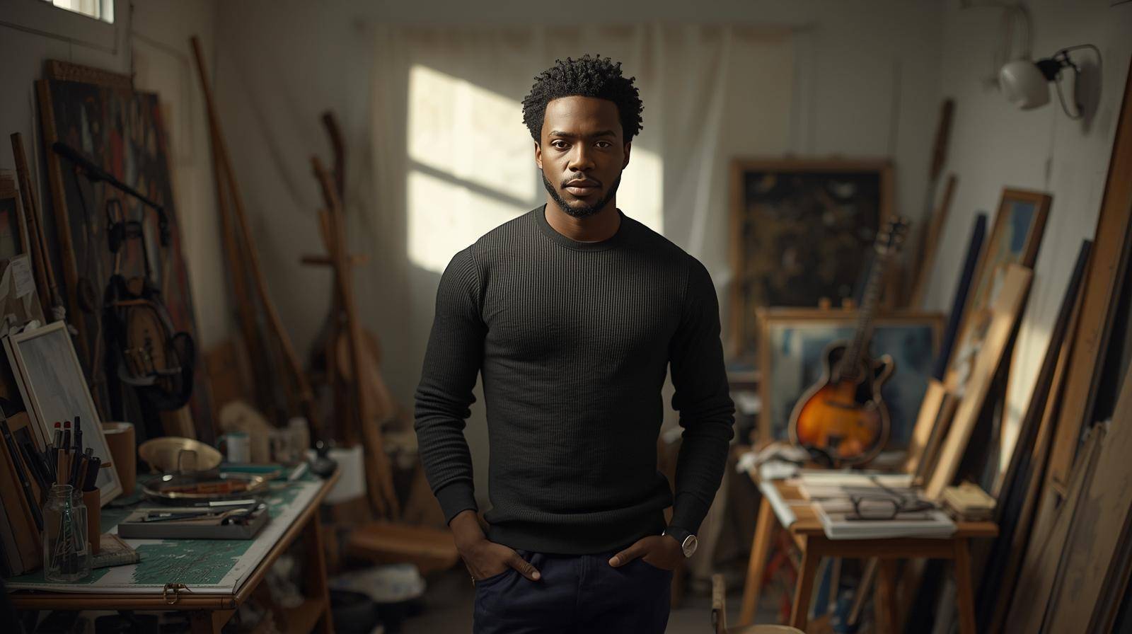 A handsome Black man wearing a ribbed black sweater as he stands in his art studio. There are paintings and art supplies on the walls and tables as well as a guitar leaning in the corner. The man's hands are in his pockets as he looks determinedly into th