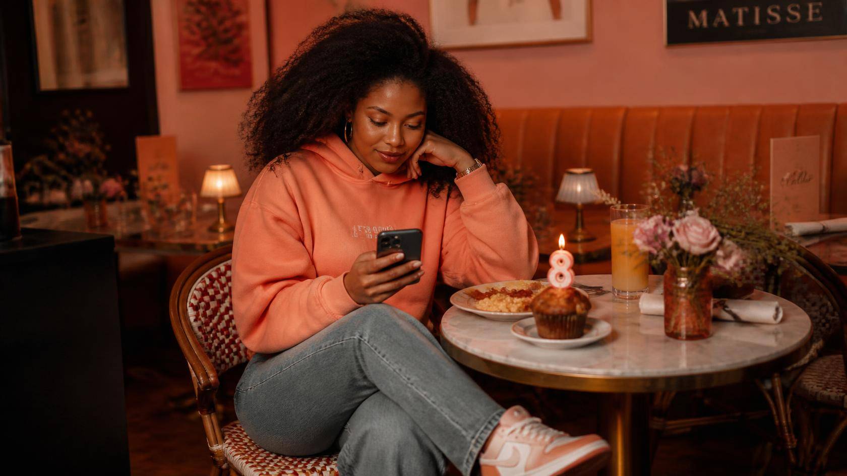 a Black Woman sitting in a cozy restaurant with breakfast in front of her. She is wearing a hoodie and jeans with cute sneakers and her natural hair down. She is scrolling through her phone as she enjoys her meal and on the table is a muffin with a birthd