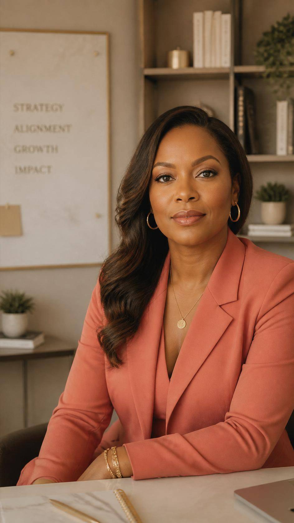 A Black woman wearing a peach blazer, gold jewelry, and soft waves in her hair sits at her desk in a stylish, feminine office. Over her shoulder is a large white board and calendar on the wall above a small potted succulent sitting on a hard cover book.