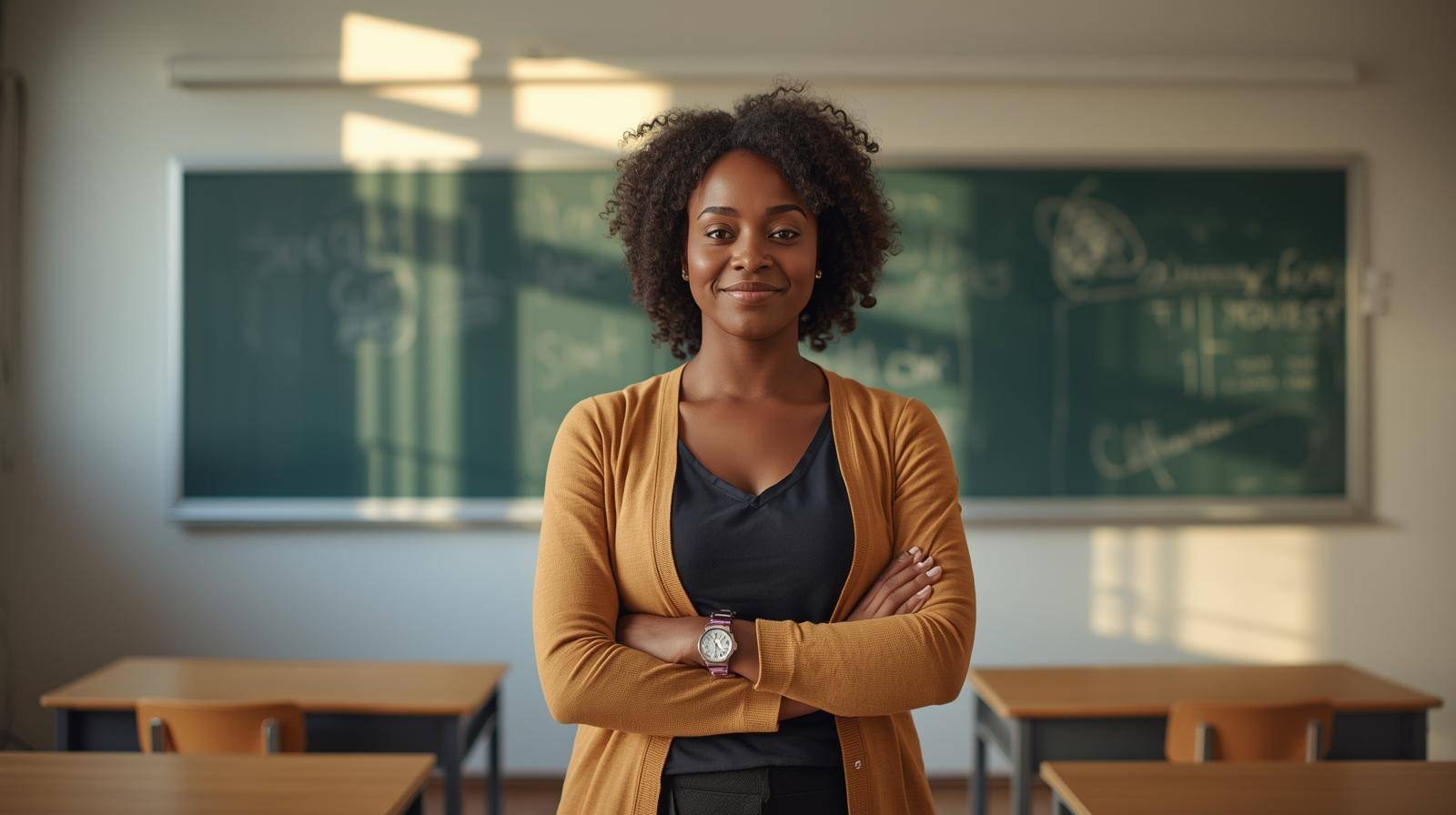 A Black teacher standing in front of a chalkboard, after hours, smiling with her arms folded. She is wearing a tan cardigan and black blouse and has natural curly hair. Sunlight is streaming in through the window behind her and onto the board. 