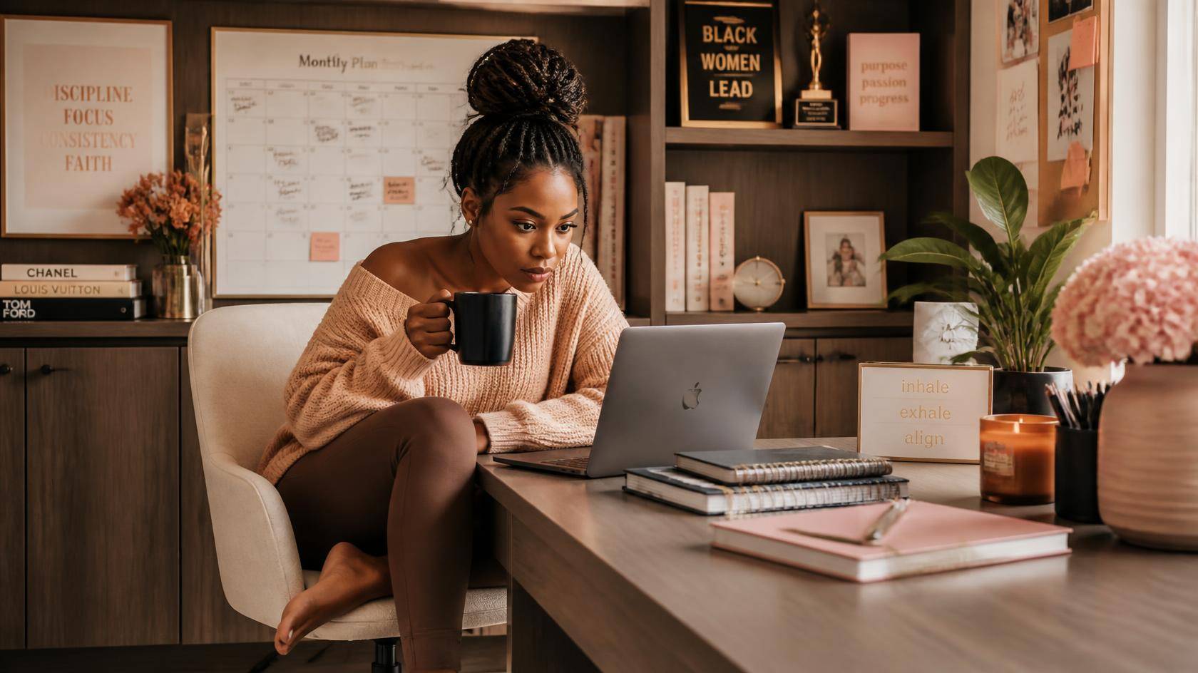  Black Woman sitting in her home office at her desk. She is wearing an oversized sweater and workout leggings and she is barefoot with her braids pulled into a messy bun on top of her head. On the desk is a  laptop, several notebooks, and on the wall behi
