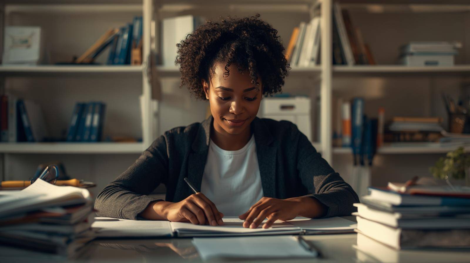 A Black educator seated at a desk organizing materials calmly, clean workspace, with soft warm lighting.