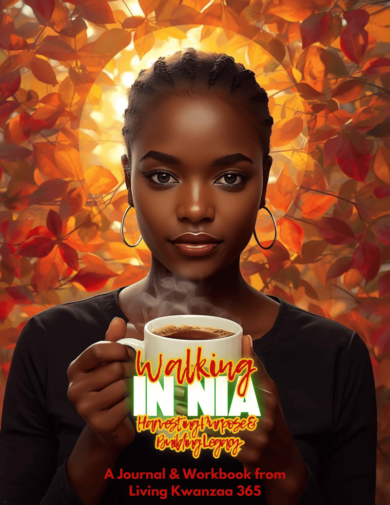 A bold portrait of a Black woman standing against a backdrop of turning leaves while holding a cup of coffee in a white mug. There is a warm, golden halo behind her head to indicate clarity in her purpose. In front of the mug is the text, 