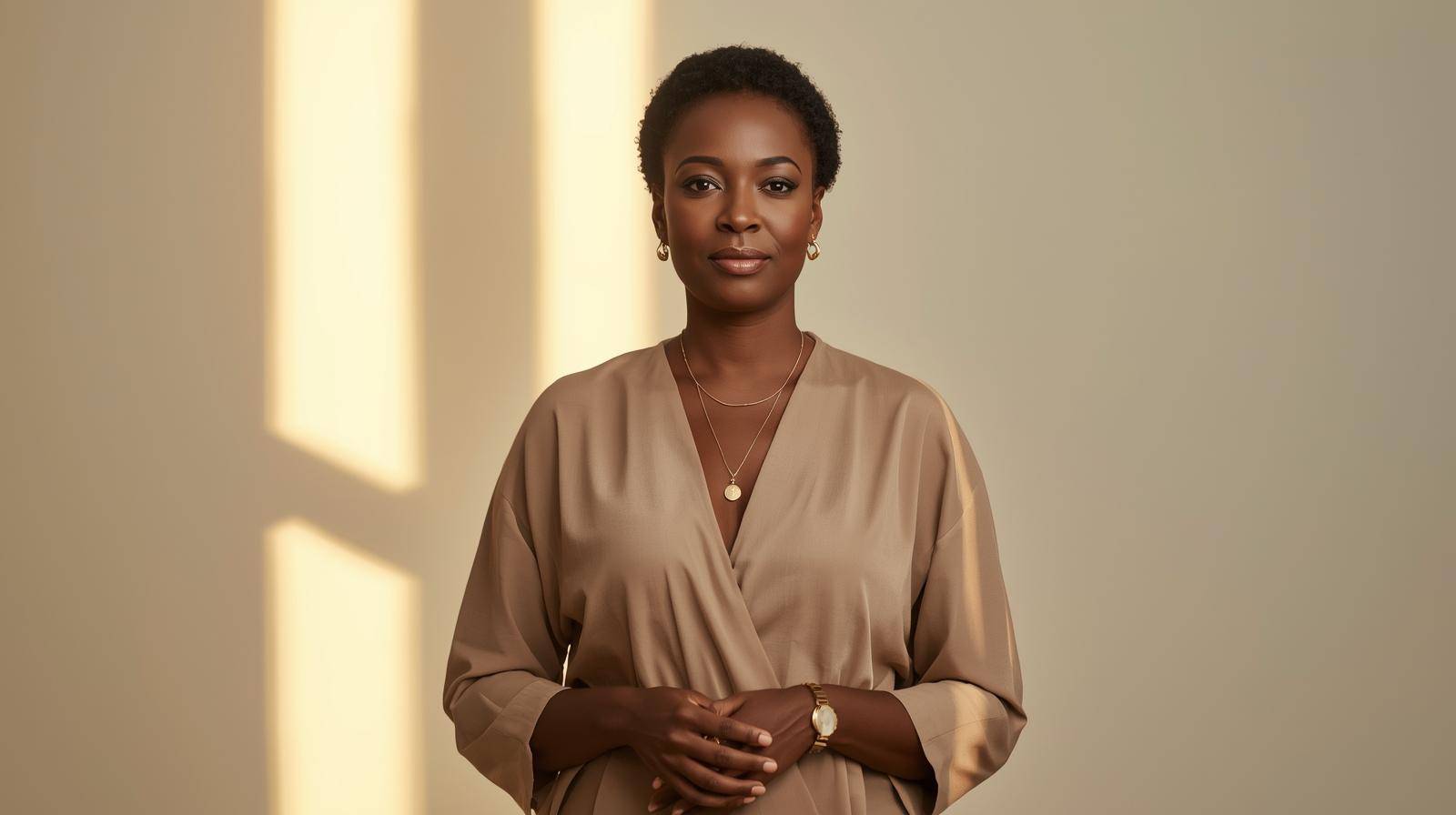 A confident Black woman leader stands poised in a softly lit room, bathed in warm natural light filtering through unseen windows. Her hands rest relaxed at her sides, her expression serene, conveying a calm demeanor. She is dressed in neutral earth-tone c