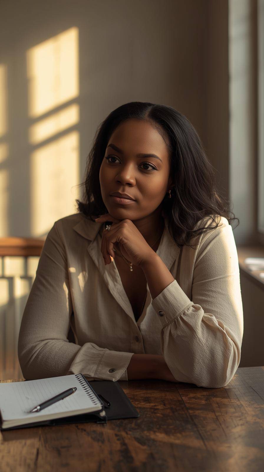 Black woman leader seated at a wooden table, leaning slightly forward with a thoughtful gaze, warm daylight through a window, notebook and pen nearby, neutral tones, calm and synergistic leadership energy.