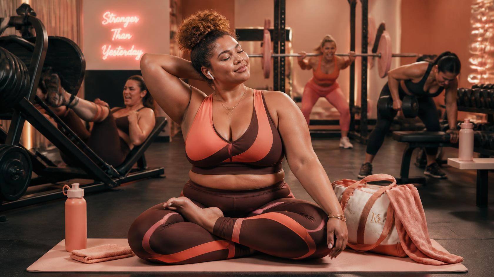 a Black Woman sitting in lotus yoga position in a gym. She is wearing a two piece fashionable athletic set in coral and chocolate. She is relaxed and stretching gently, clearly enjoying herself and listening to music through her earbuds, while in the back