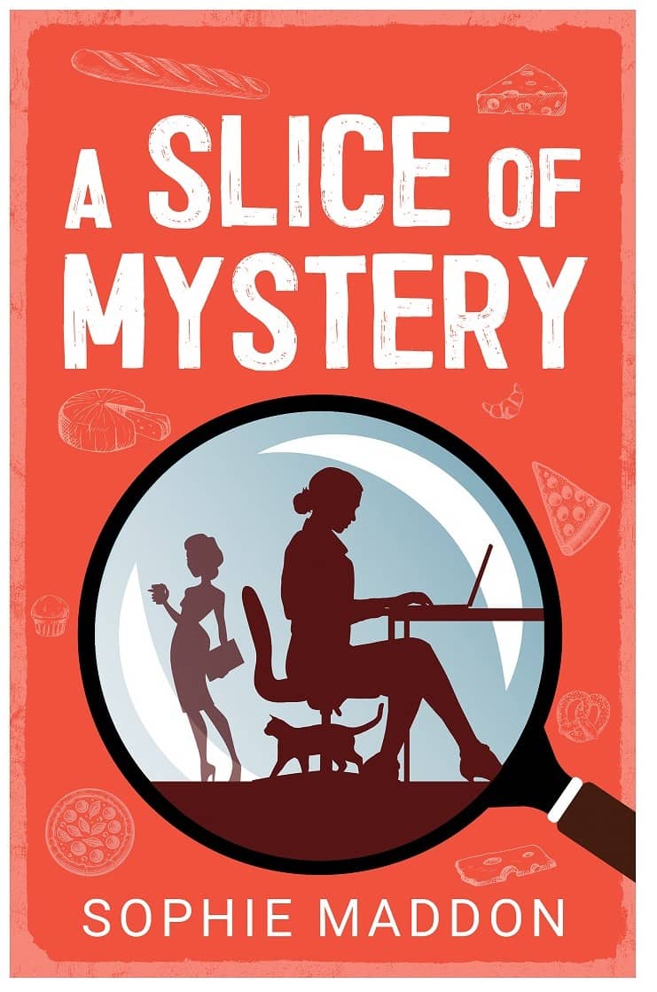 Cover for A Slice of Mystery - cozy mystery novel - Red background with white drawings of bread, cheese, and pizza. In the middle, a large magnifying glass highlighting the silhouette of a young professional woman typing on a laptop at her desk. At her fe