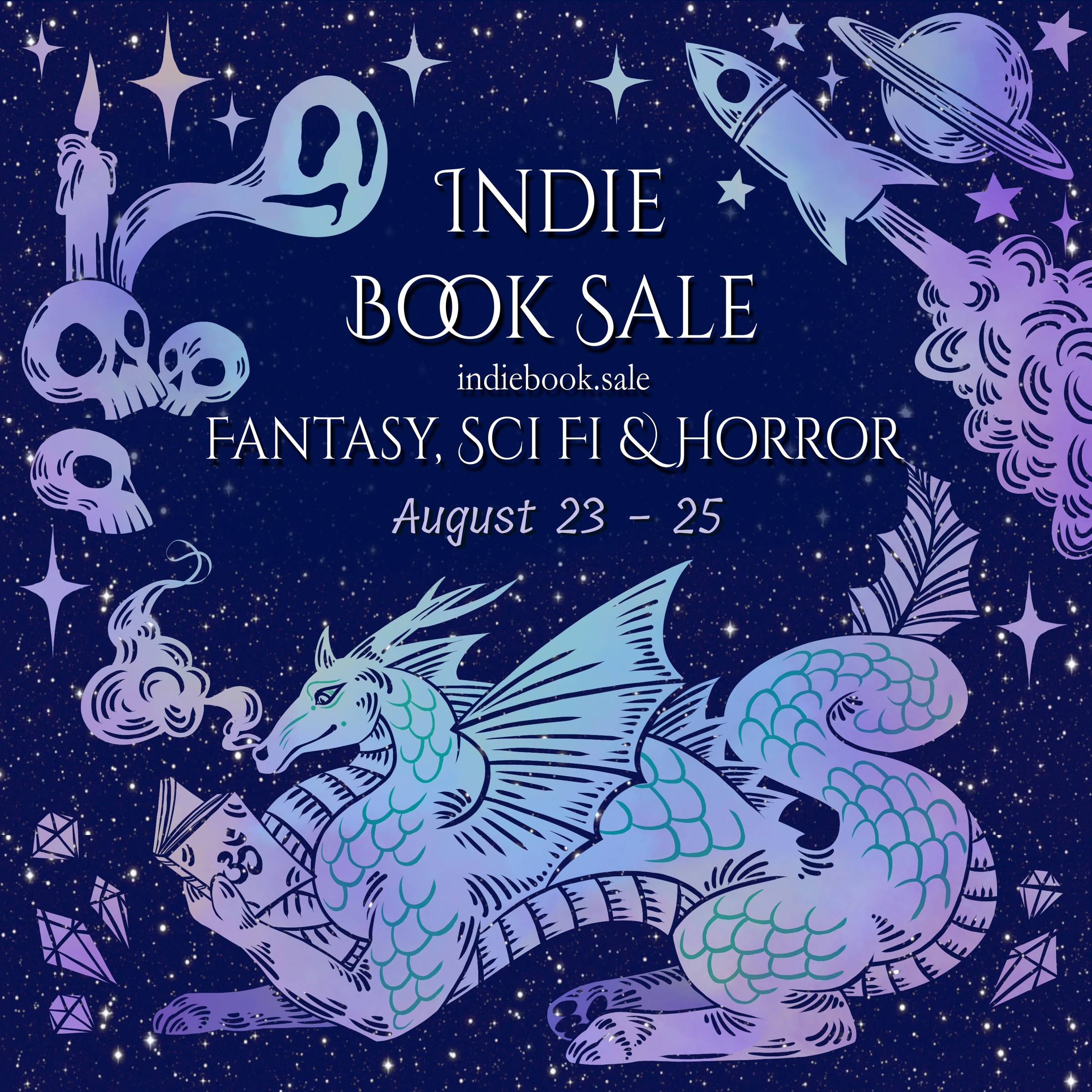 Banner for the Narratess Indie Book Sale. A chonky dragon reads a book at the bottom, a pile of skulls with a candle and ghost sit on the left of the text, and a space ship flies by a planet on the right of the text.   Text: Indie Book Sale  indiebook.sal