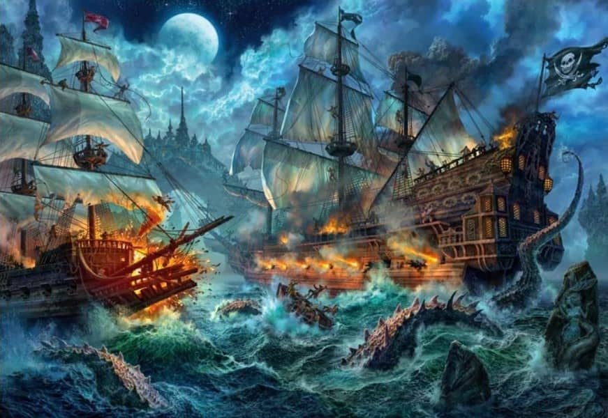 Two galleon -style pirate ships side-to-side with cannons firing. Tentacles of a kraken in the foreground, a city on a hill in the background, a full moon.