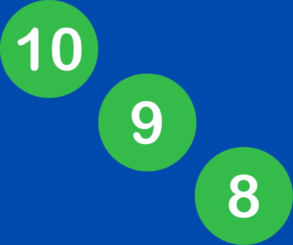 Green numerals 10-9-8 on blue background