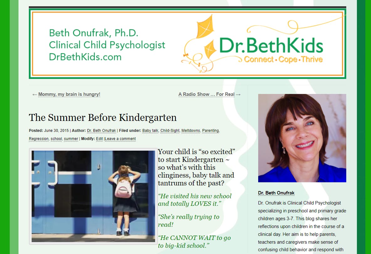 blog post for A Child in Mind, girl with packback peeking into a school door, head shot of Dr. Beth