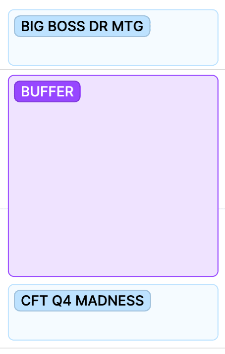 Image of a calendar with a Buffer meeting between "big boss dr mtg" and "CFT Q4 Madness"