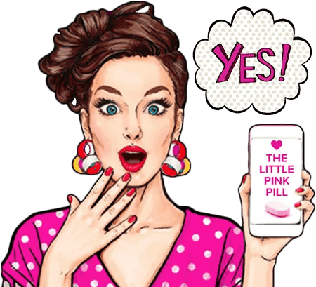 cartoon woman holding a phone with a little pink pill