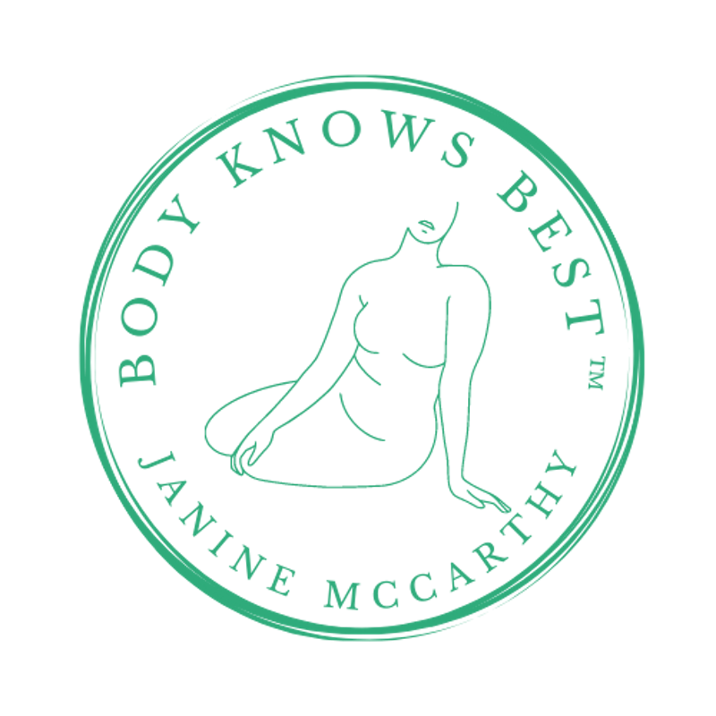 logo Body Knows Best Janine McCarthy in a circle with a central line-drawing of a seated woman