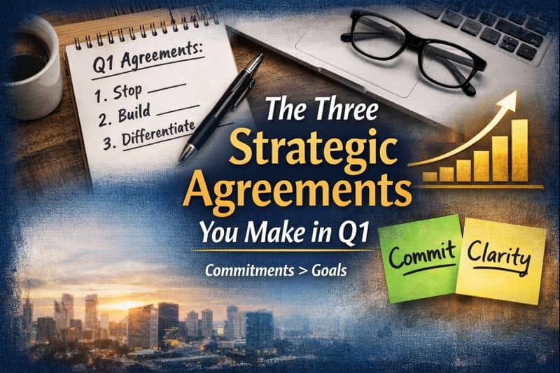 **Alt text (short, clean):** Thumbnail graphic reading “The Three Strategic Agreements You Make in Q1,” with a notepad labeled “Q1 Agreements,” a rising bar chart arrow, and sticky notes that say “Commit” and “Clarity.”
