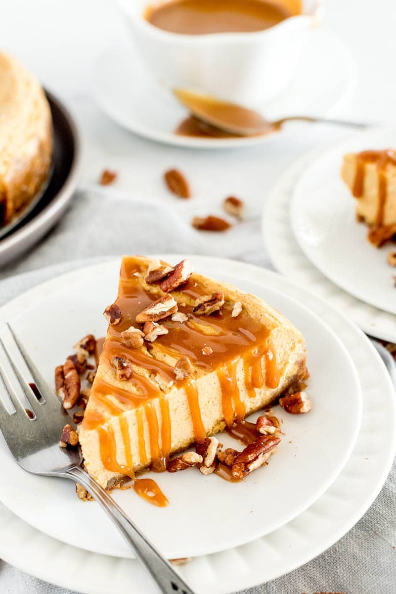 close-up of a slice of pumpkin caramel cheesecake made in a pressure cooker