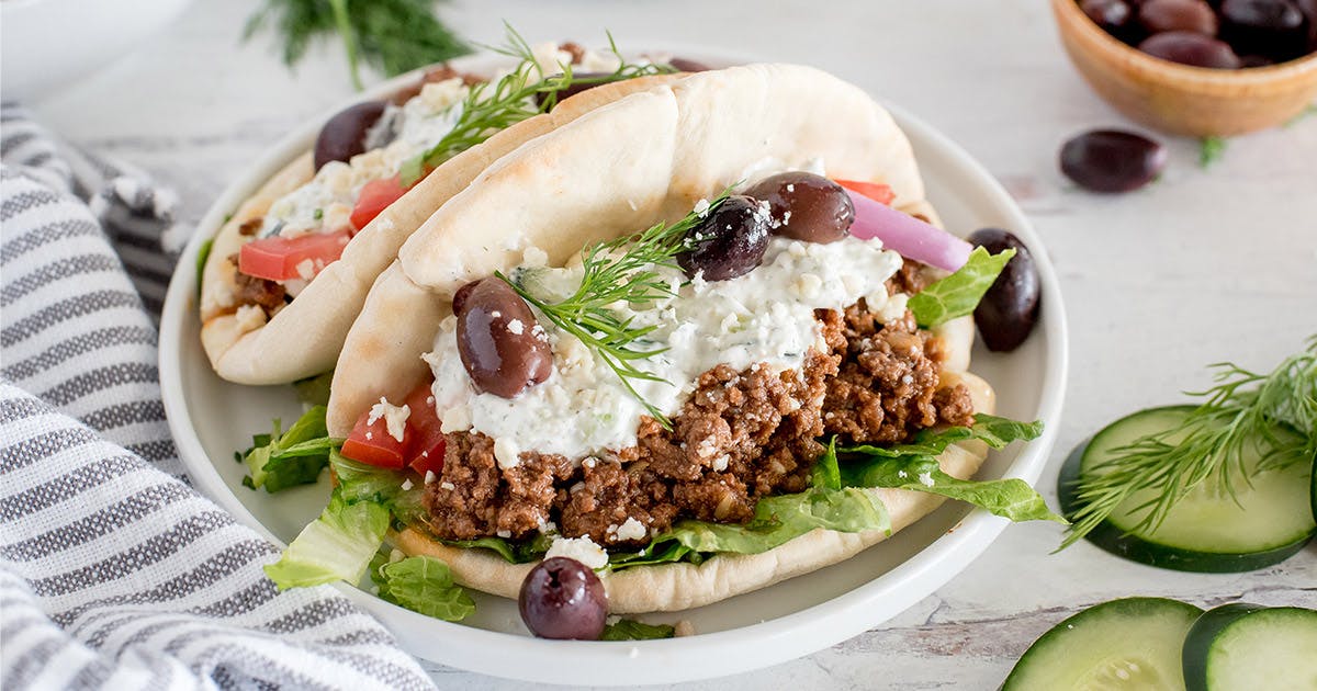 close up of Instant Pot Greek Beef Tacos