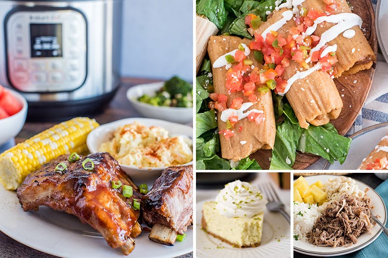 A picture collage of the 80 best Instant Pot Summer recipes including baby back ribs on a plate with corn on the cob and potato salad in front of an Instant Pot, pork tamales on lettuce with sour cream and tomatoes on top, a slice key lime pie with whipped cream on top, and kalua pork on a plate with rice pineapple and macaroni salad.