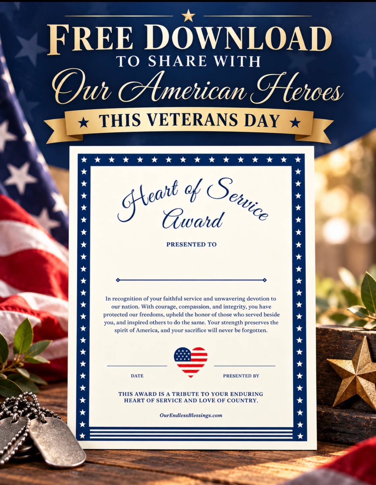 Free Veterans Day 2026 recognition certificate from Our Endless Blessings