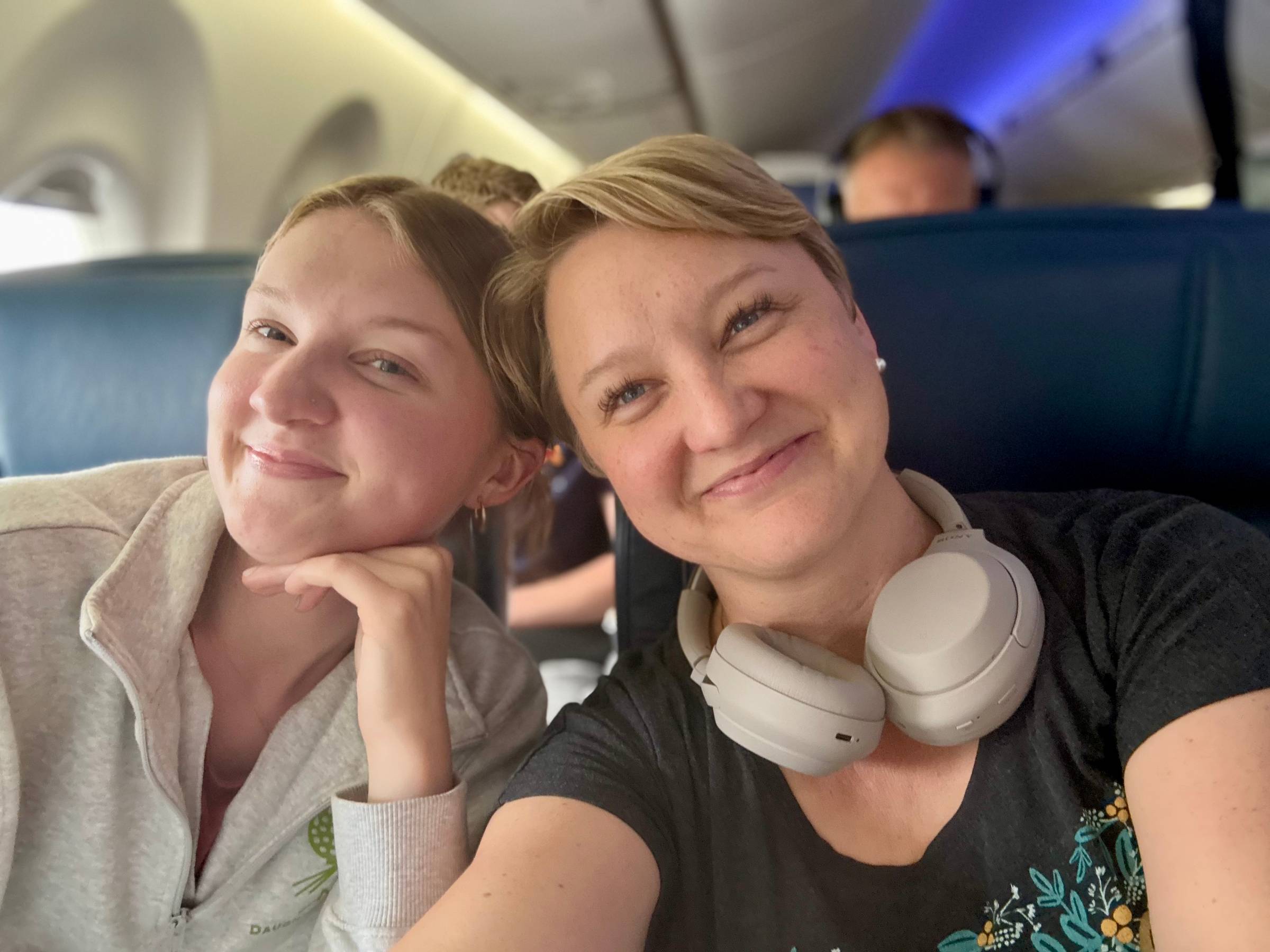 Audrey and Sarah on an airplane last week