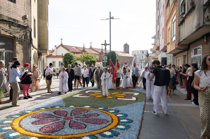 People walk on a street decorated with flower carpets.