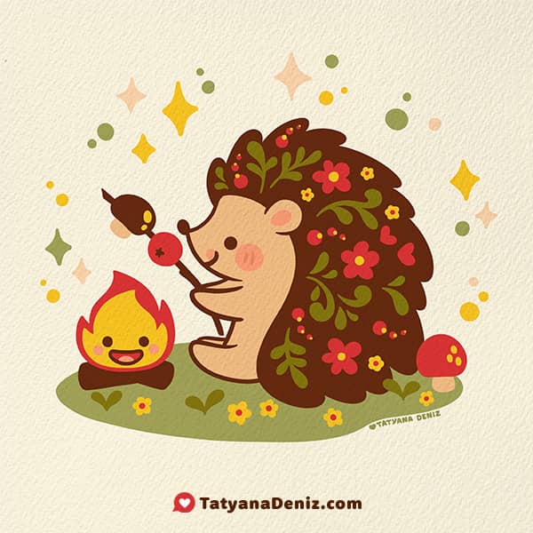Kawaii porcupine hedgehog in folk style by Tatyana Deniz