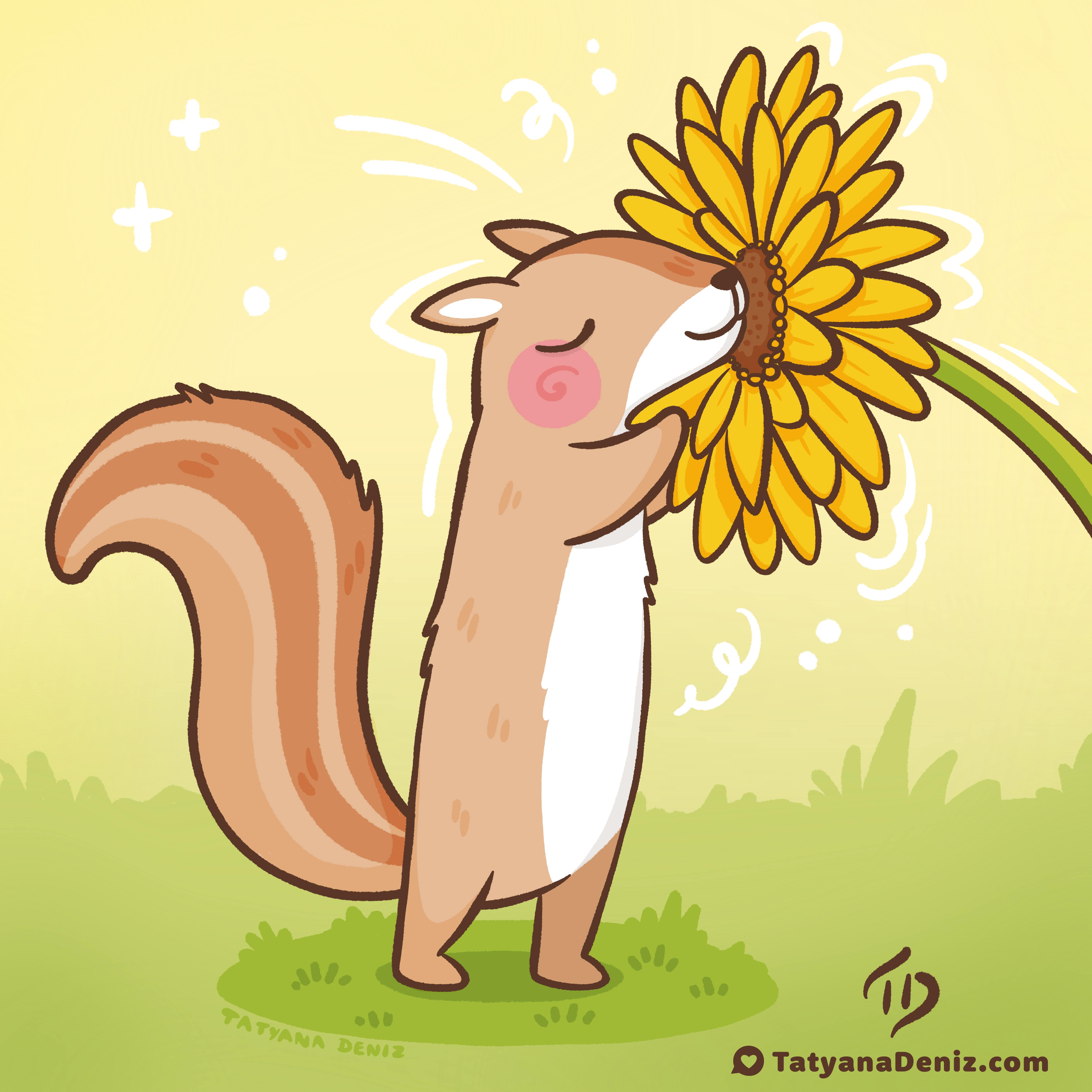 Cute squirrel stopping to smell a flower by Tatyana Deniz