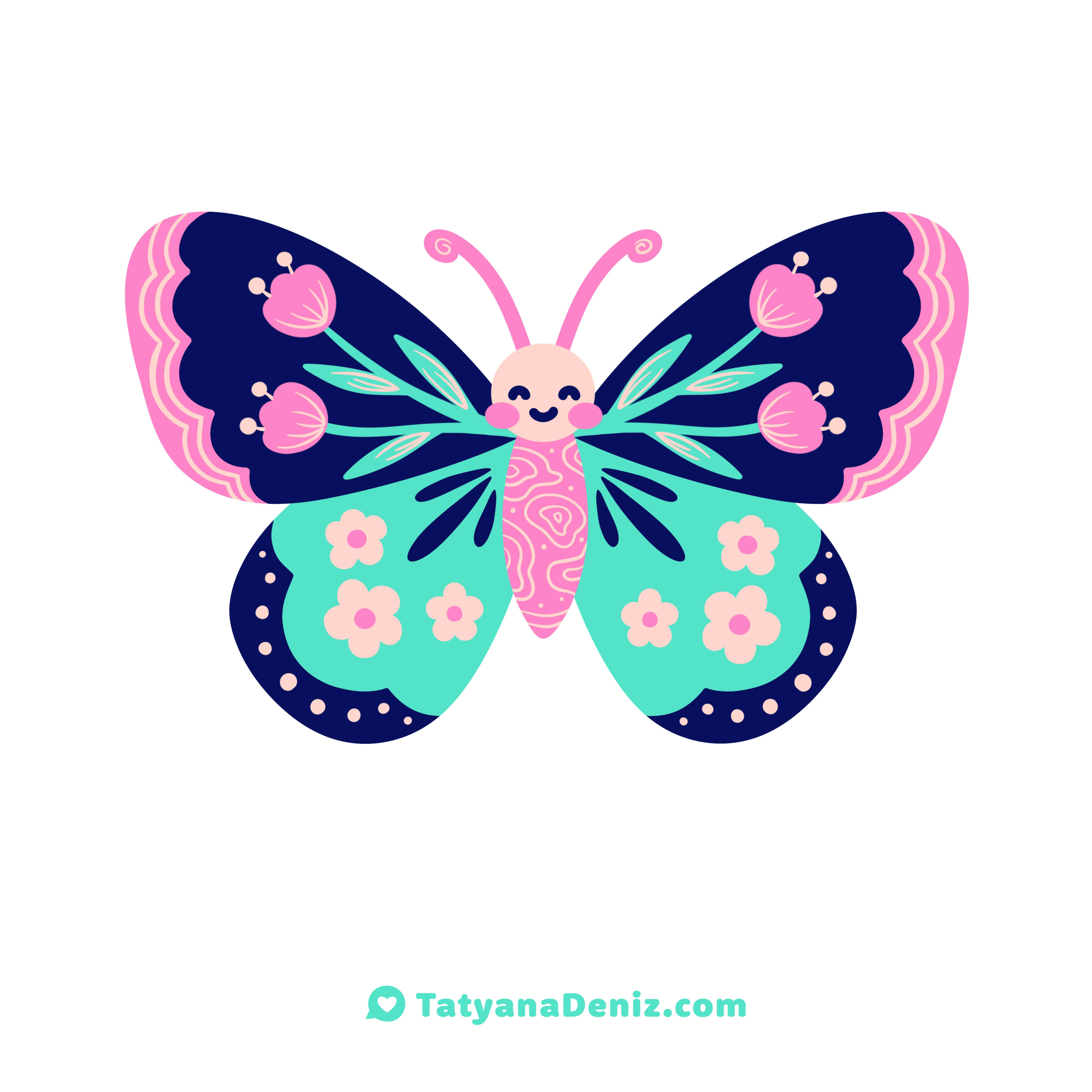 Kawaii butterfly with folk style by Tatyana Deniz