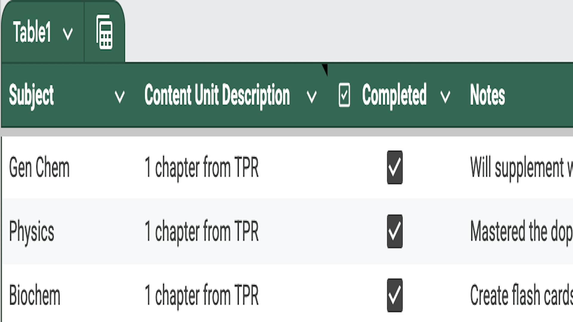Example view of the editable study planner