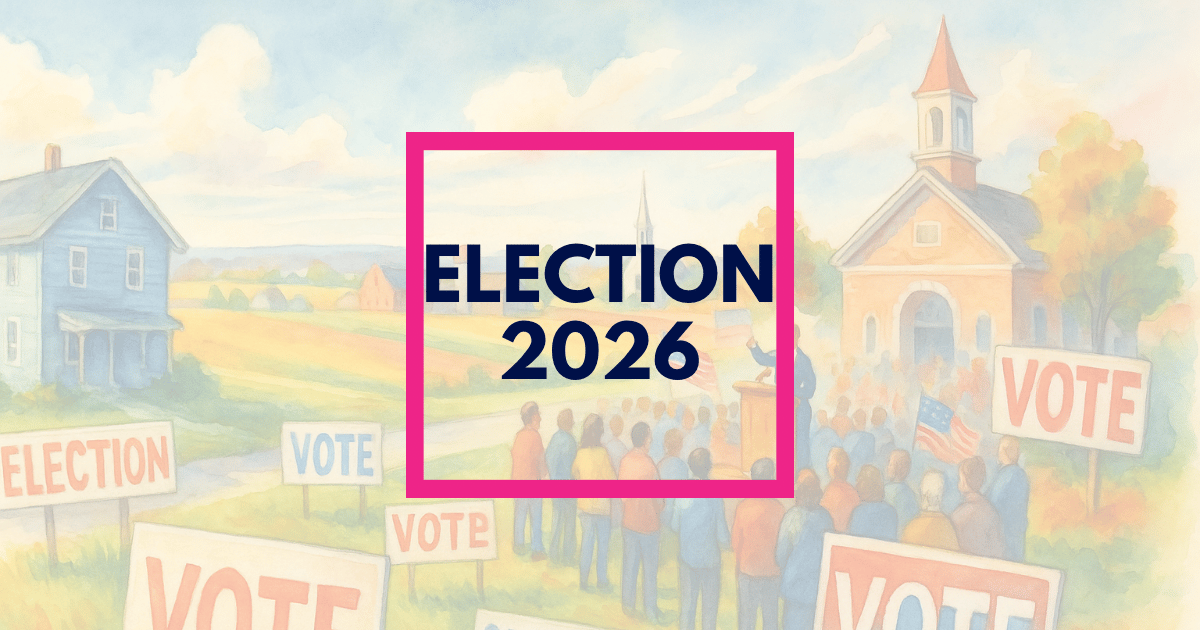 colorful illustration of a rural town at election time with a political rally in front of a church