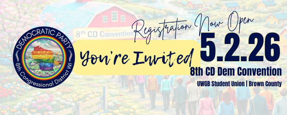 Graphic depicting a barn with a gathering of people around it that says You're Invited to the 8th CD Convention on May 2nd.
