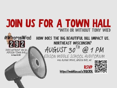 Graphic featuring event details for town hall and a megaphone