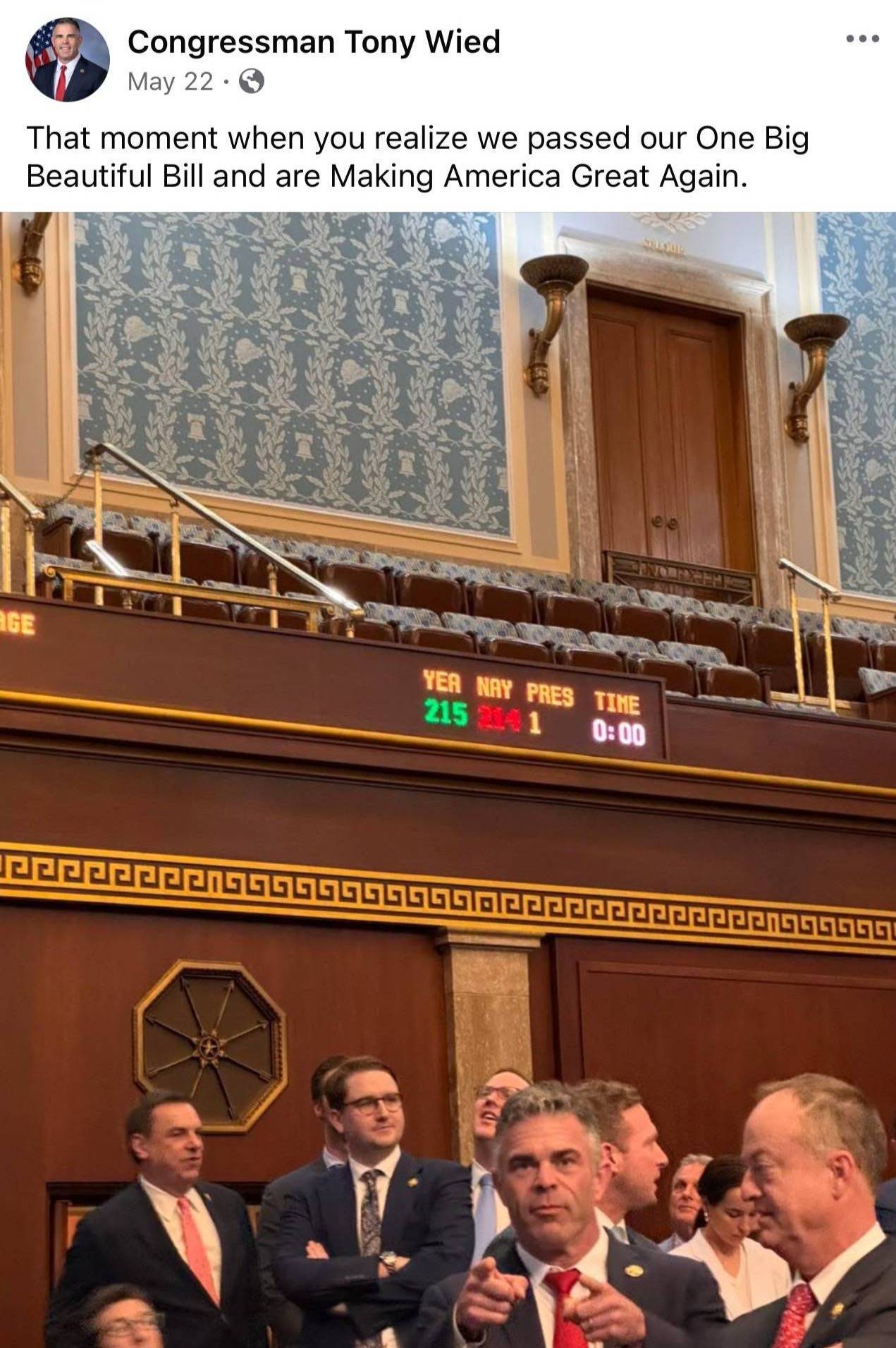 Image of Congressman Tony Wied celebrating the passage of the One Big Beautiful Bill that will harm everyday Americans and their pocketbooks.