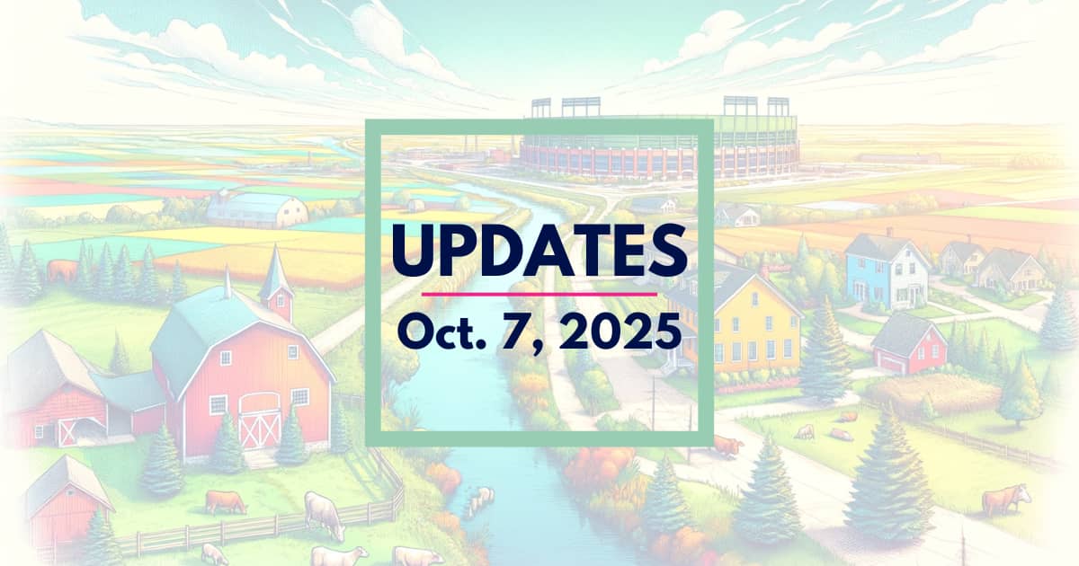 Illustration of a city like Green Bay with the words Update Oct 7 2025