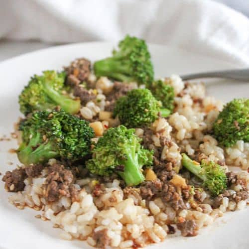 ground beef and broccoli on a plate 