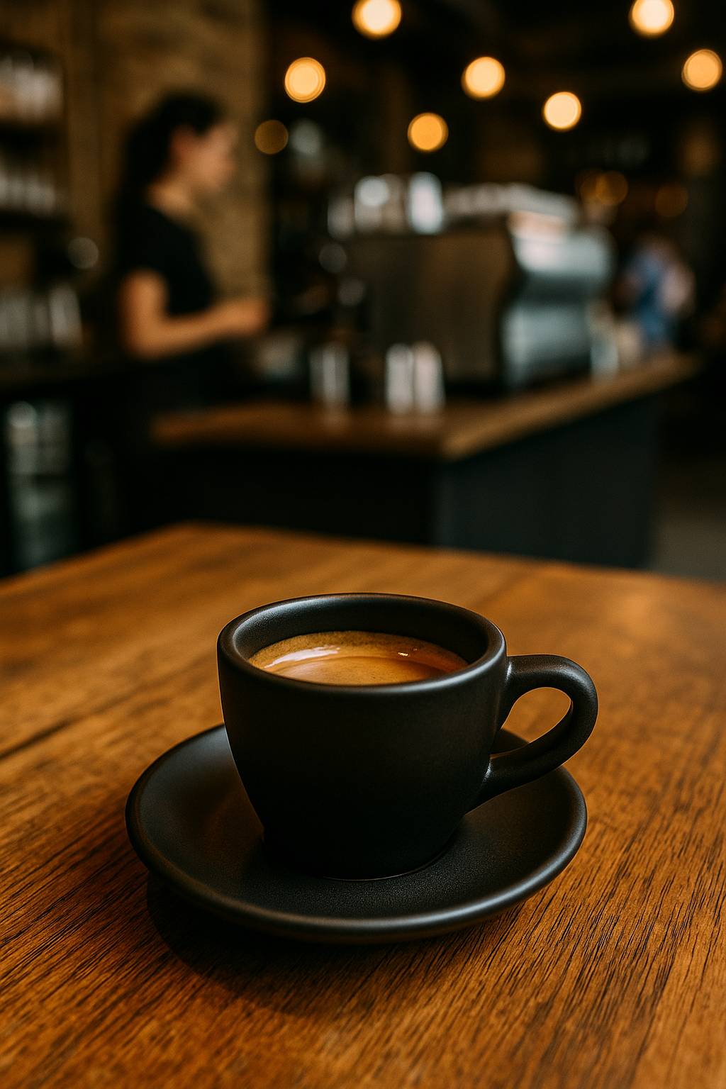 Matte black espresso cup on a wooden café table, capturing a premium coffee experience to illustrate how presentation shapes perception